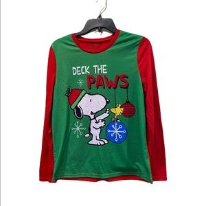 Small Red and Green Peanuts Deck The Paws Christmas Pajama Shirt